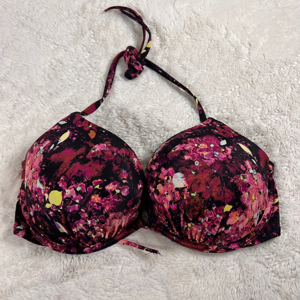 Victoria's Secret Pink Purple Floral Push Up Halter Bikini Top 36D Underwire NEW